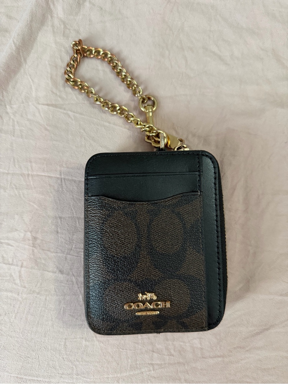 Coach Brown Signature & Black Leather Card Holder with Gold Chain